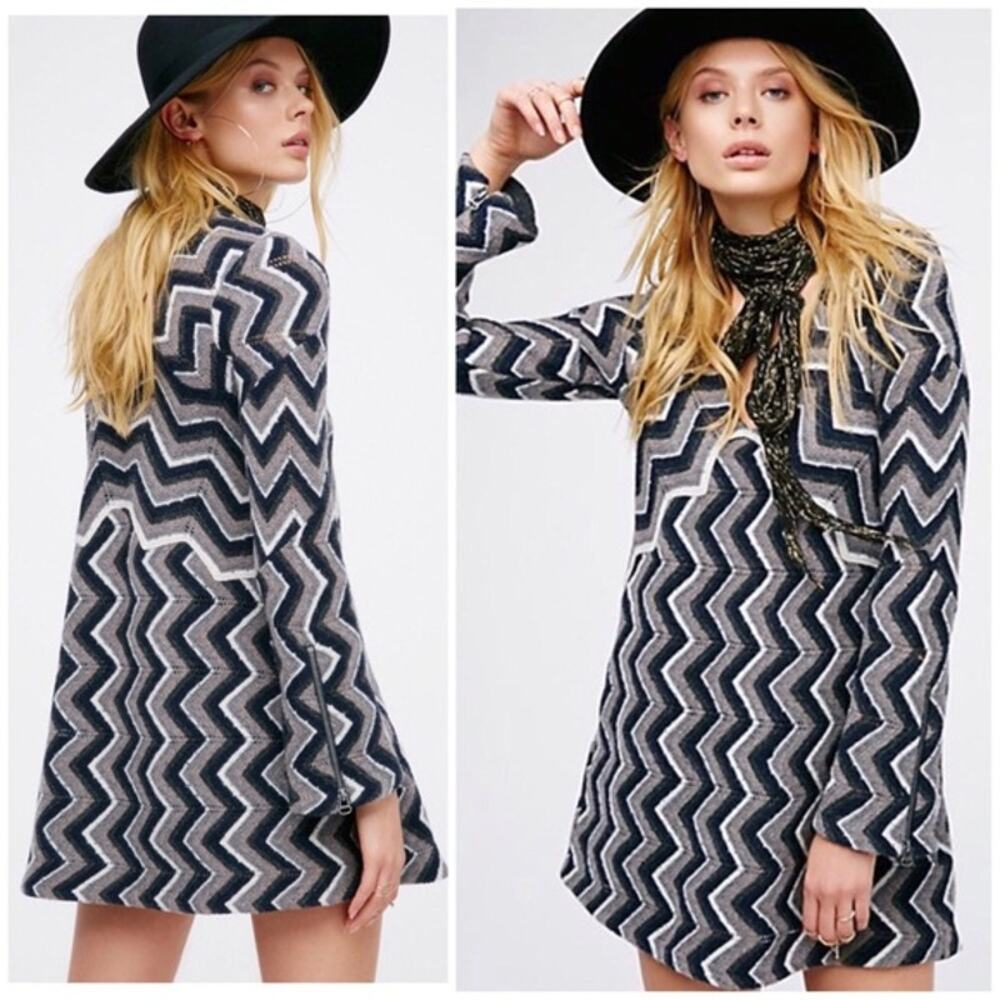 Free People Rhiannon Chevron Dress Mini Knit Retro NWT Boho Medium Black Disco